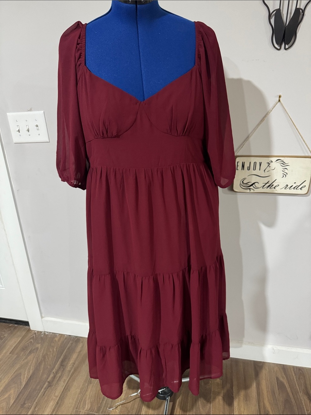 ARULA Wine Red Puff Sleeve Maxi Dress